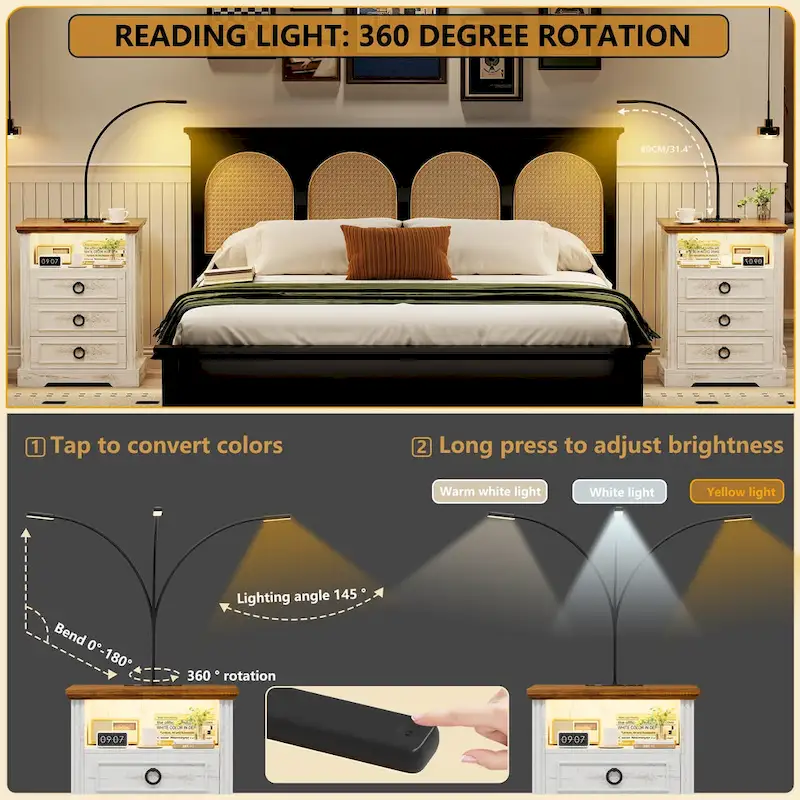 Off-White / Brown / Dark Oak / Antique White 3-Drawer Nightstand with LED Lights, Reading Lamp & Wireless Charging