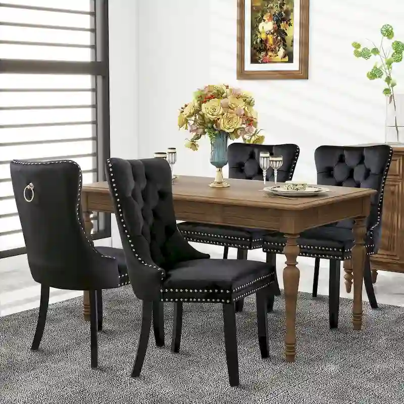 Velvet Dining Chairs, Tufted Solid Wood Armless Chairs Accent Chair with Nailhead Trim and Back Ring Pull