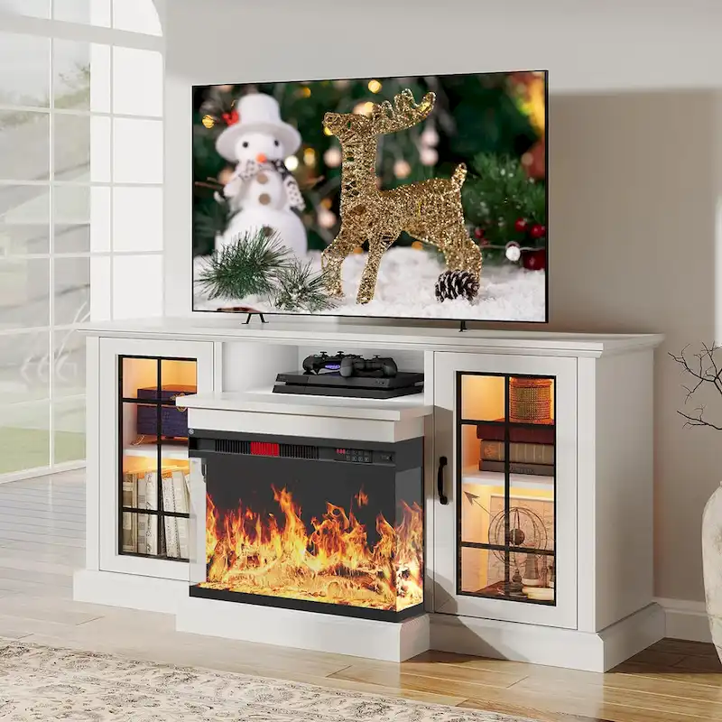 Fireplace TV Stand with All-Sided Glass Electric Fireplace