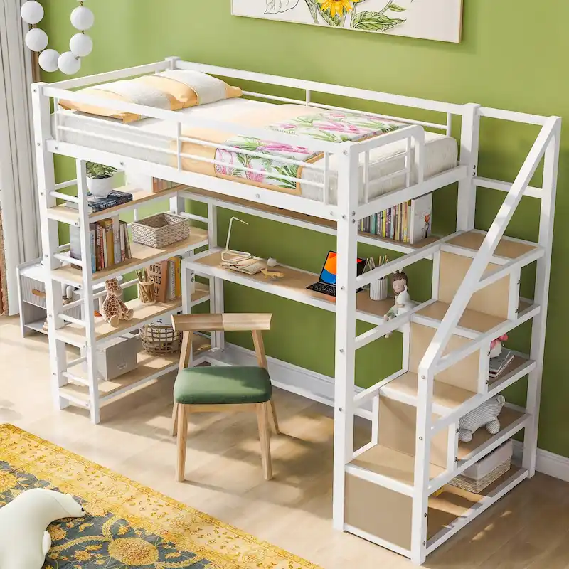 Twin Size Metal Loft bed w/Staircase, Built-in Desk, Storage Shelves