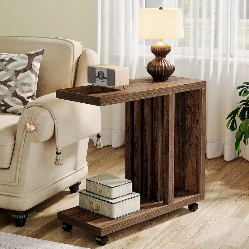 C-Shaped Side Table with Wheels, 3-Tier Storage, Industrial Style
