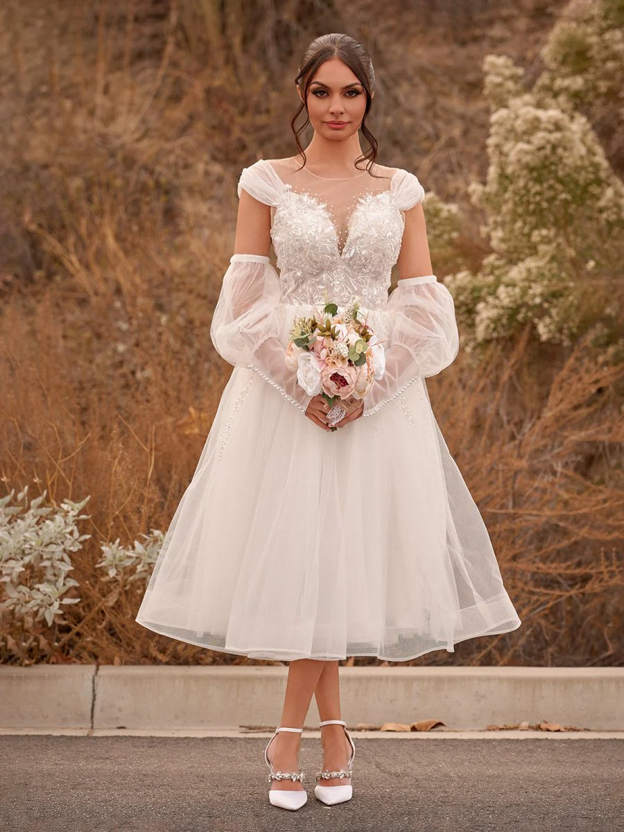 A-Line Sweetheart Long Sleeves Elegant Tulle Wedding Dresses With Appliques Lace