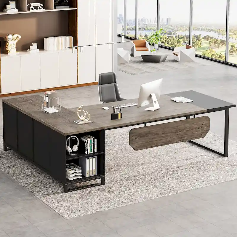 L-Shaped Computer Desk with File Cabinet | White/Black/Grey/Beige | 2-Person