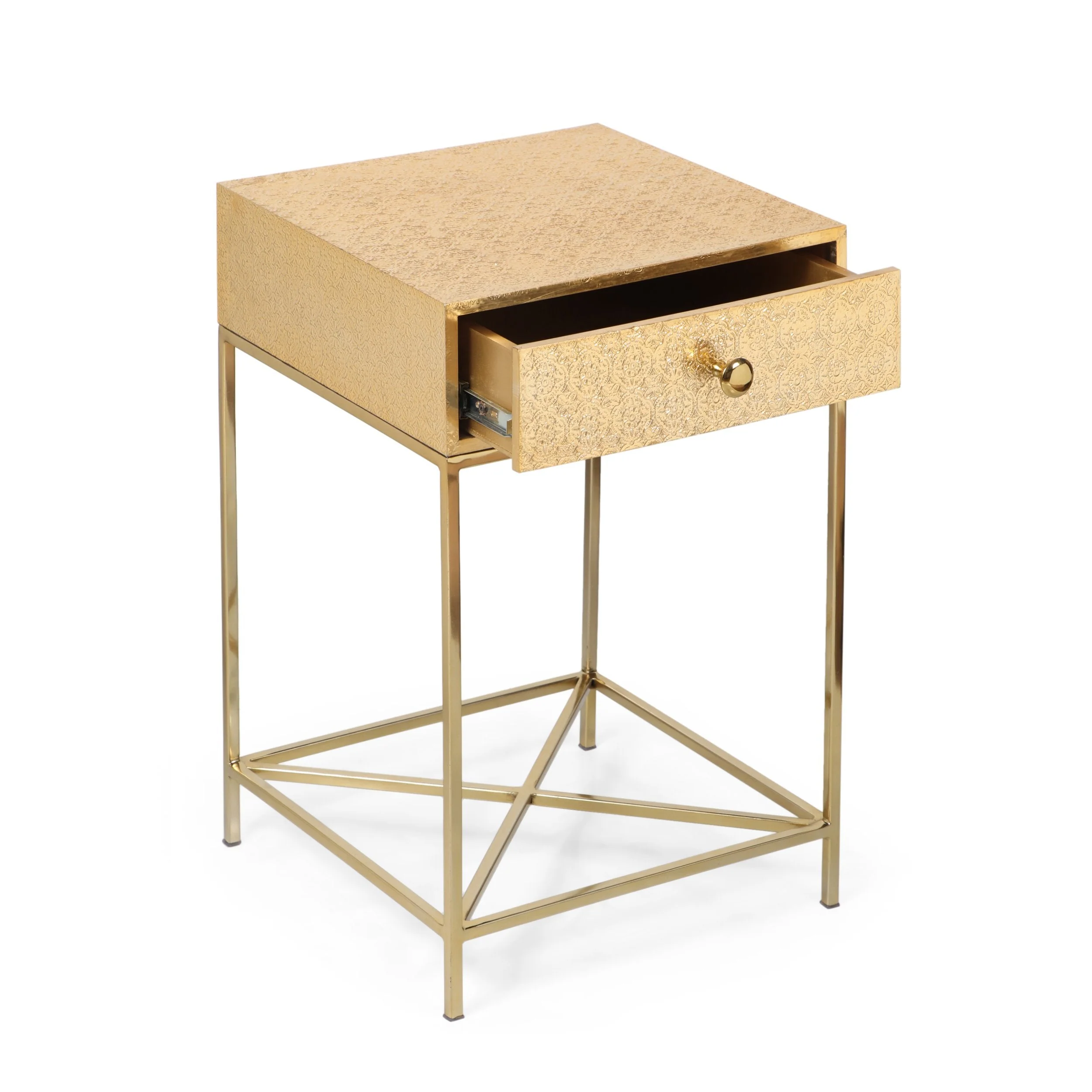 Boho Handcrafted Moroccan Mesh Aluminum Nightstand with Drawer, Brass - NH090513