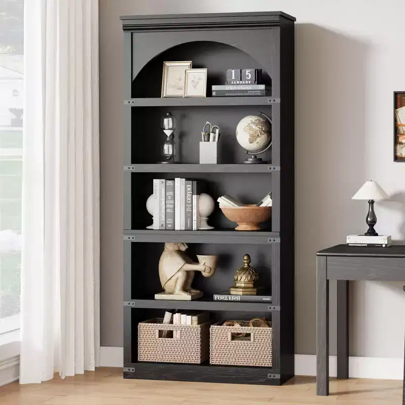 Arched Bookcase 5 Shelf Bookshelf 68.7 in Tall Bookcase Farmhouse Curved Storage Rack Wooden Bookshelves for Home Office, Living Room
