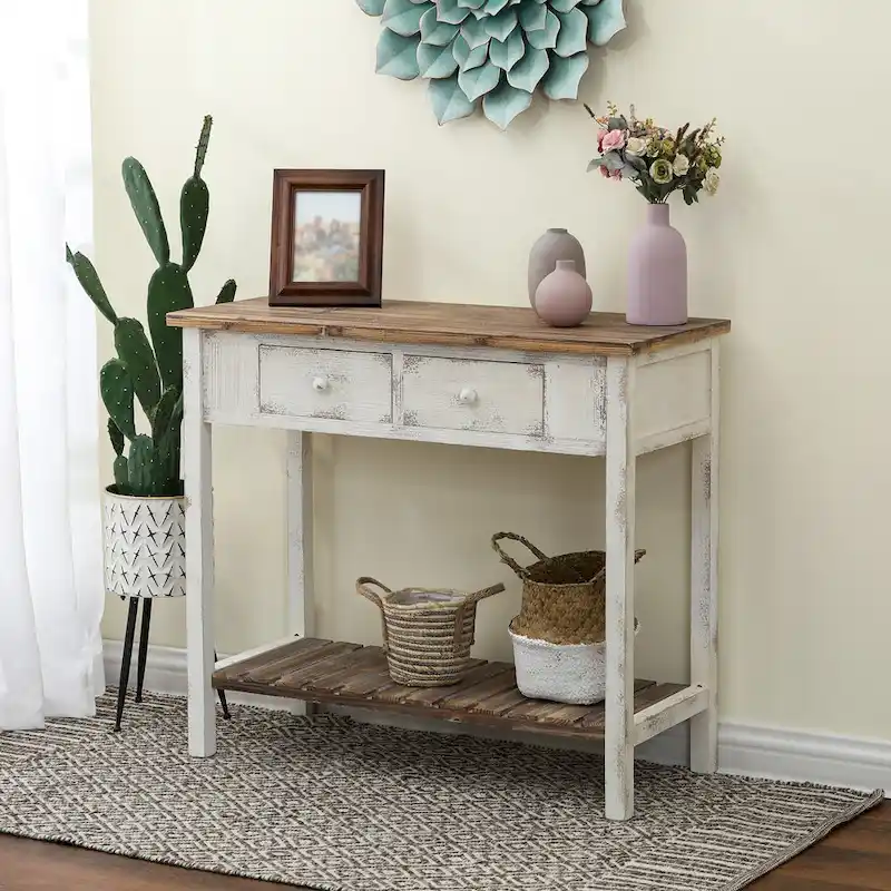 Distressed White and Brown Wood 2-drawer Console Table - 31.5H x 35.4 W x 15.55 D