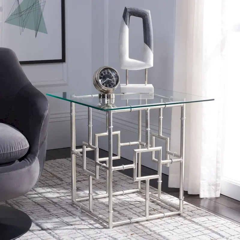 Chinoiserie Faux Bamboo Glass Top Accent Table – Silver