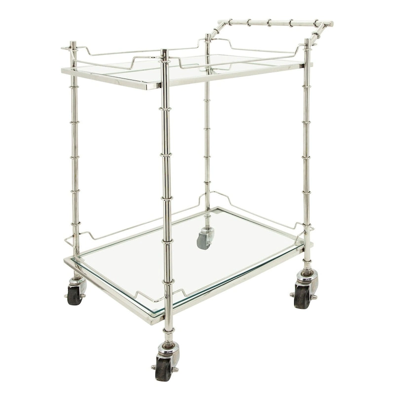 30 Silver Two Tier Rectangular Rolling Bar Cart with Glass Top