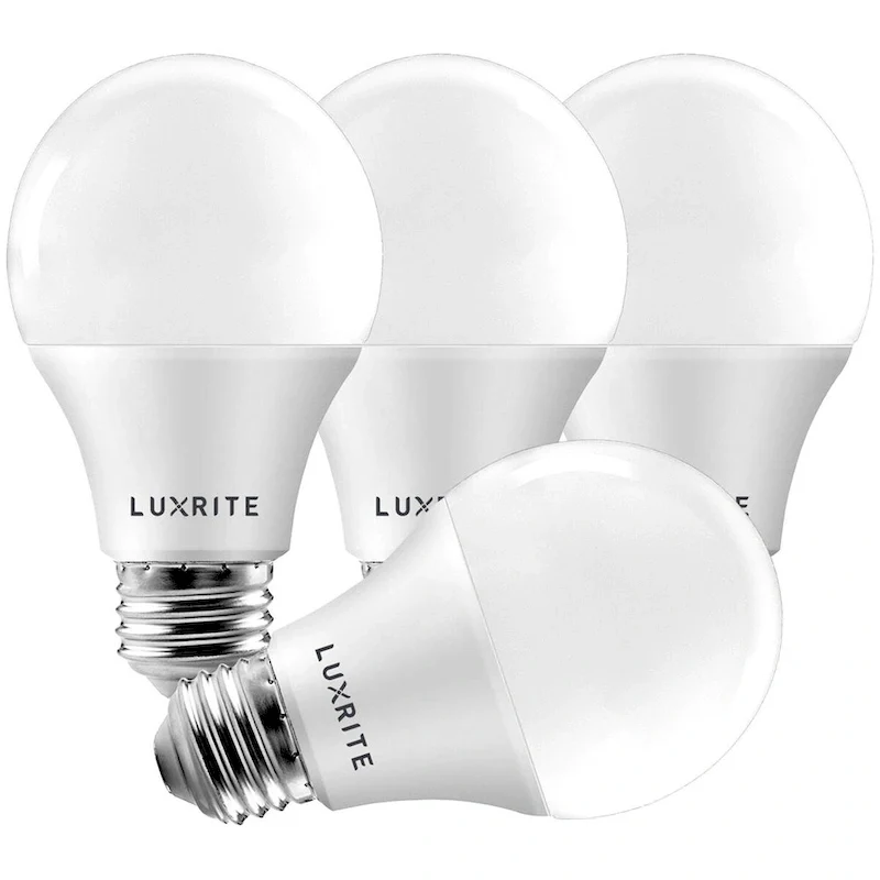 Luxrite A19 LED Light Bulb 60W Equivalent 3500K 800 Lumens Dimmable 9W Enclosed Fixture Rated E26 Base 4 Pack