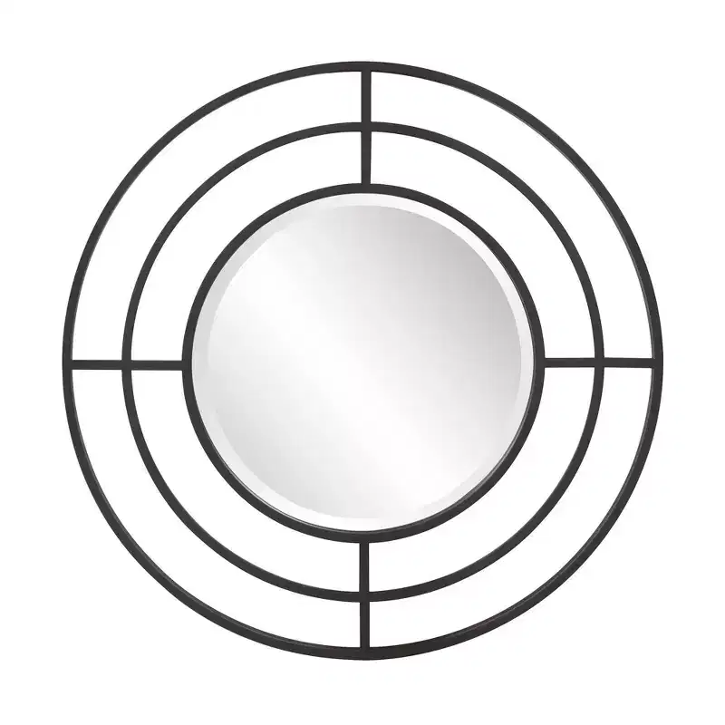 Howard Elliott 23" Round Wall Mirror with Geometric Iron Frame Matte Black: Modern Decor, No Assembly, Wall Mount