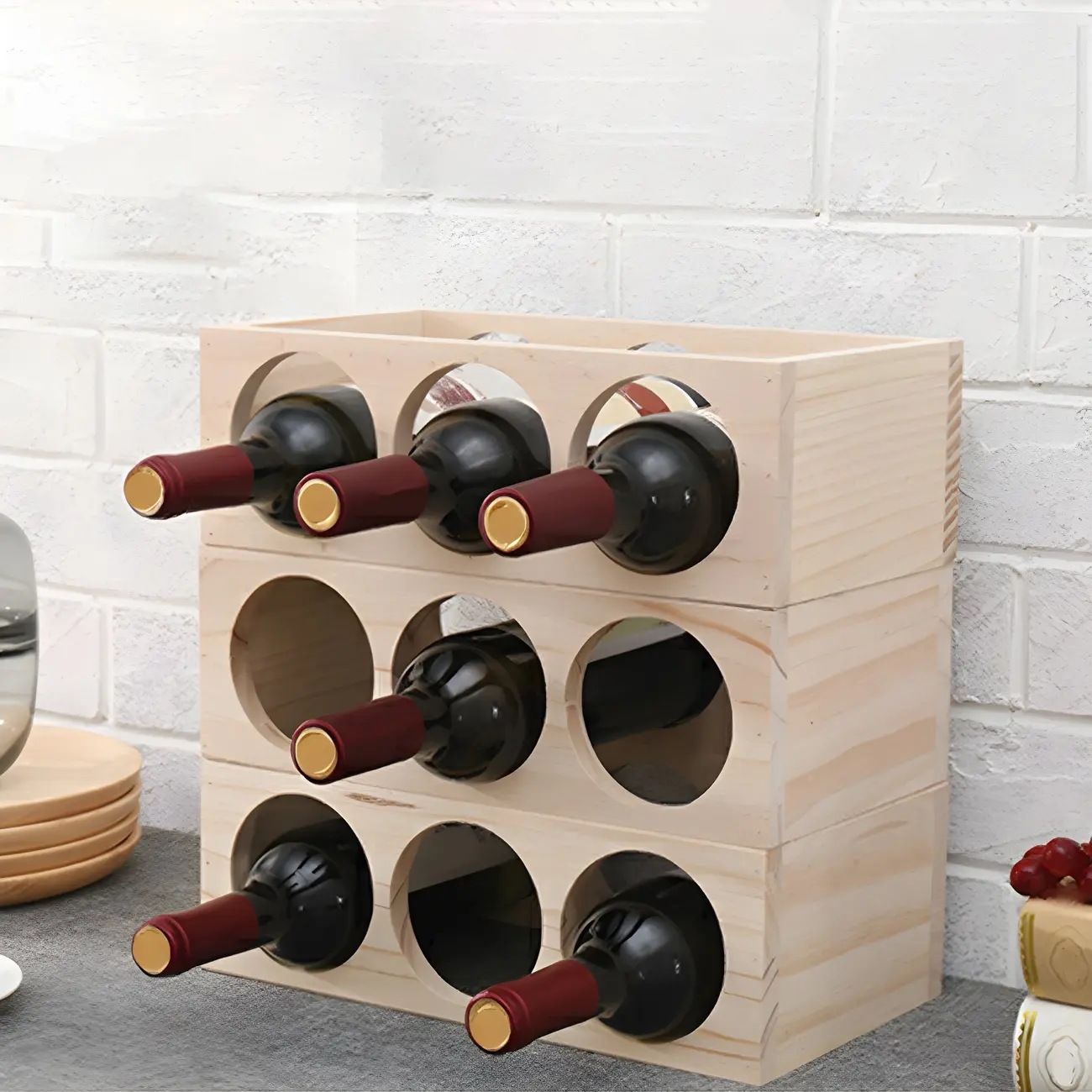 Natural Wooden Stackable Wine Rack Tabletop Wine Holder