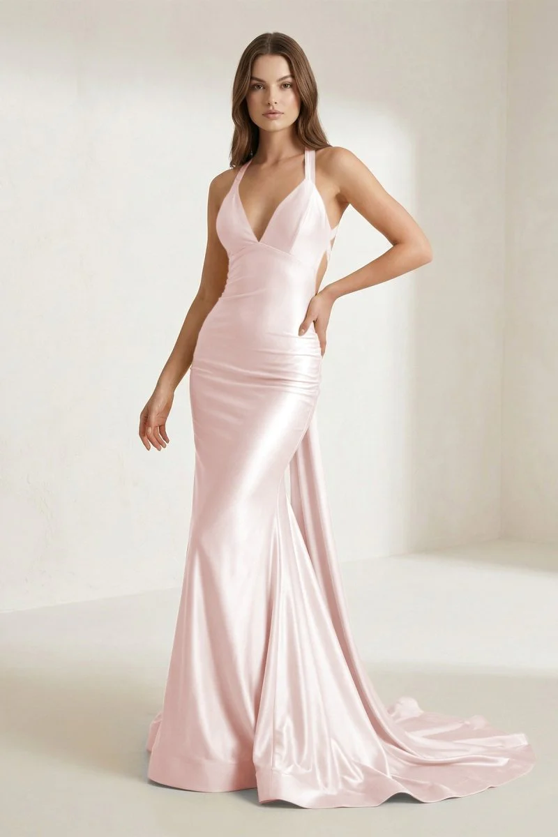 Pink V Neck Satin Mermaid Open Back Long Formal Prom Dresses
