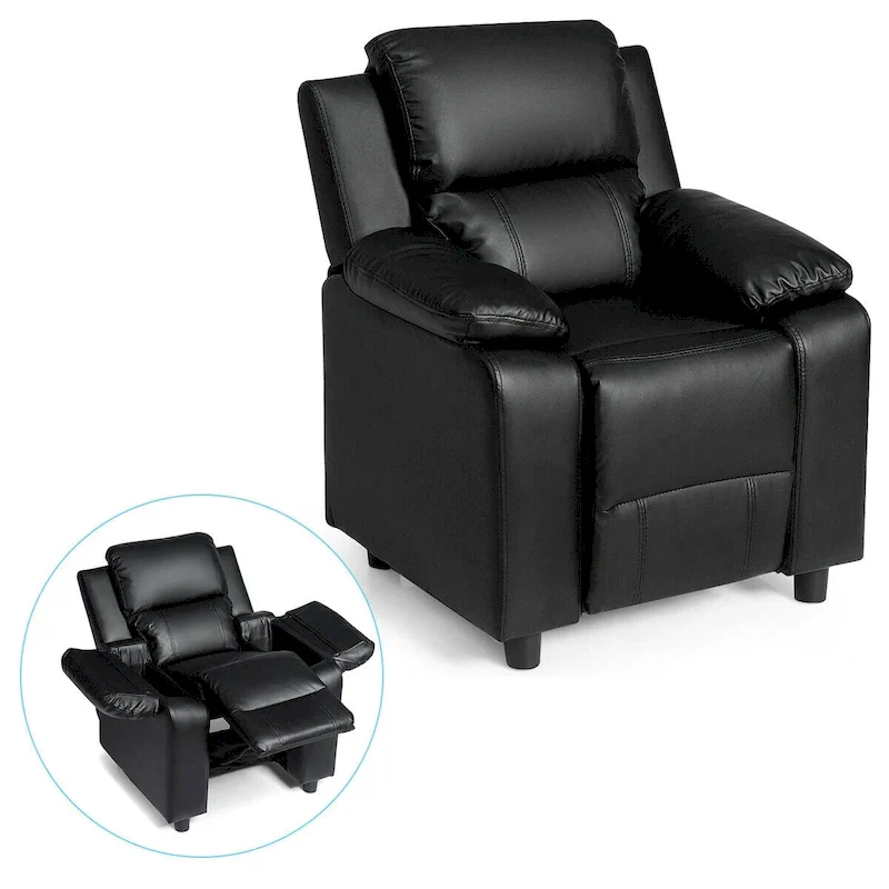 Black PU Leather Kids Recliner Sofa with Flip-Up Armrest, 1-Seater