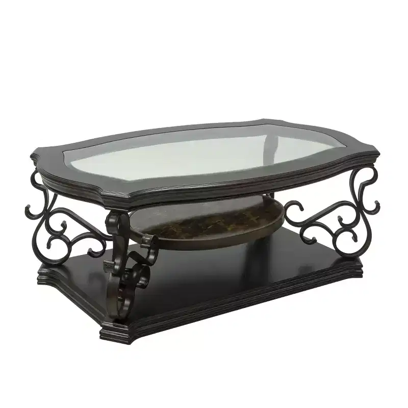 GDFStudio Perry Traditional 2-Tier Glass and Wood 52 Coffee Table with Marble Shelf