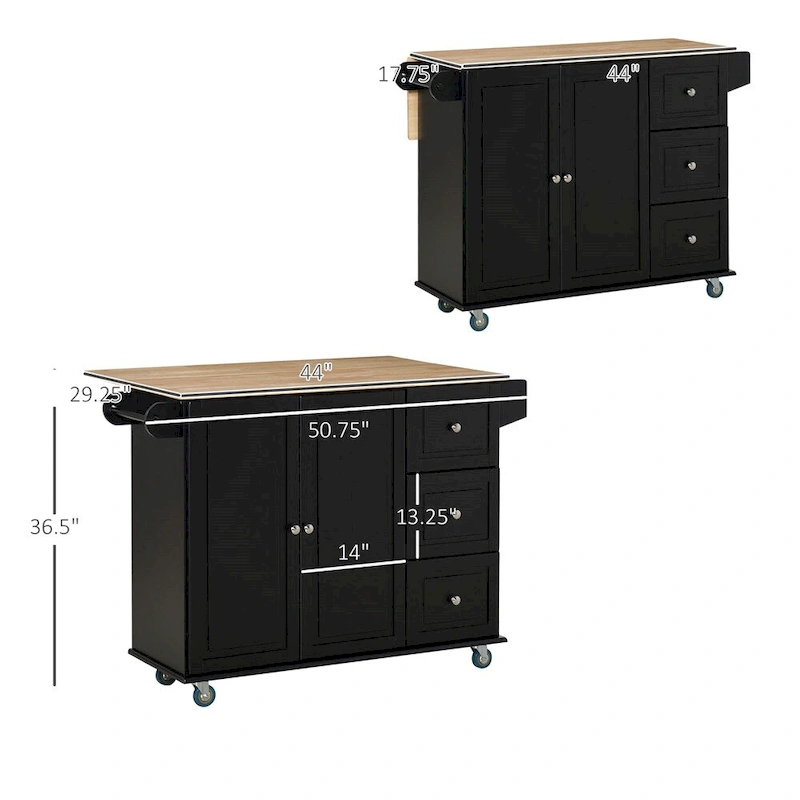 Mobile Wood Kitchen Island with Drawers and Towel Rack - N/A