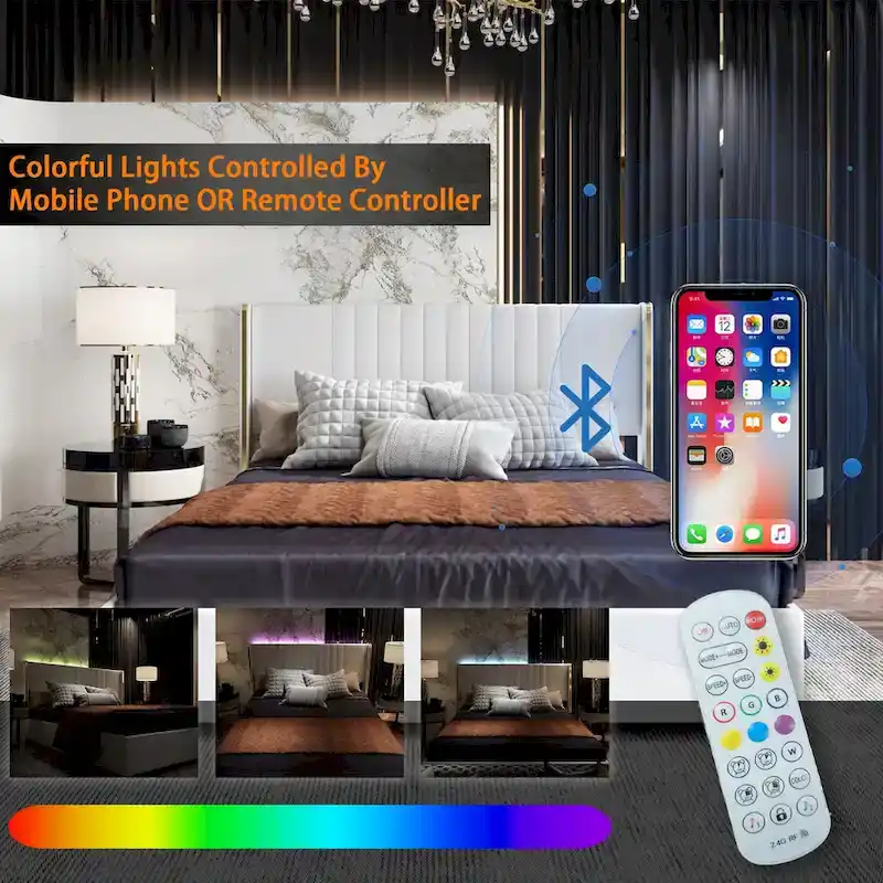 Modern Illuminated Bed Frame with Gold Trim - Chic Upholstered Design