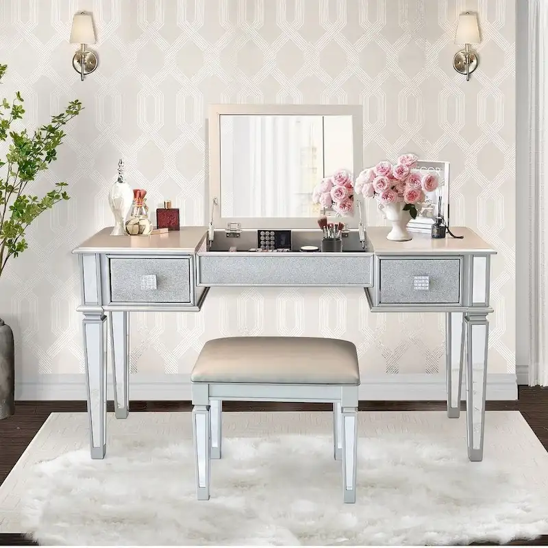 2-Drawer Mirrored Dresser with Vanity Table, Flip-Up Mirror, and Stool