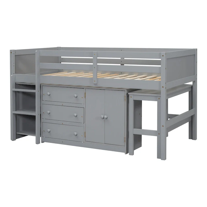 Grey Twin Wood Low Loft Bed with Pull-Out Desk & Drawers