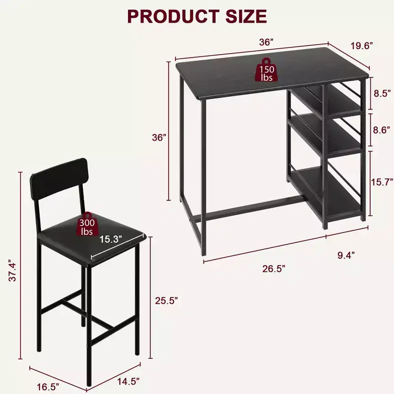 Dining Table Set with Storage Shelves,Bar Table Set with Durable Black Leather Sponge Chair,Bar Table and Two Seats for 2-4 People