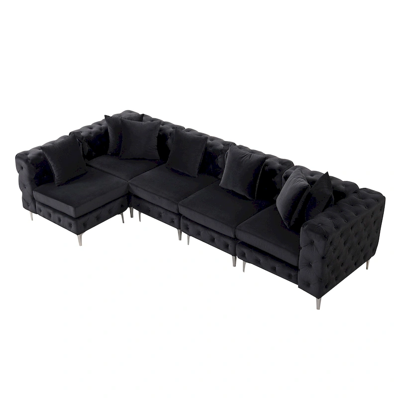 Large L-Shaped Modular Sofa, 5-Seat Velvet Sectional Couch