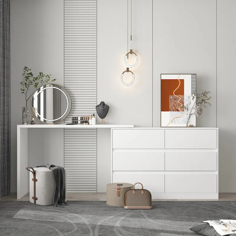 Timechee Home Rotating Dresser and Desk 6 Drawer Dresser Vanity Makeup