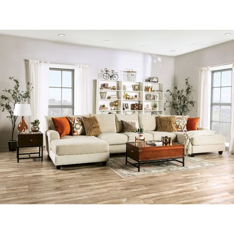 Pluttnam Transitional Tan Microfiber U-Shaped Sectional by Furniture of America