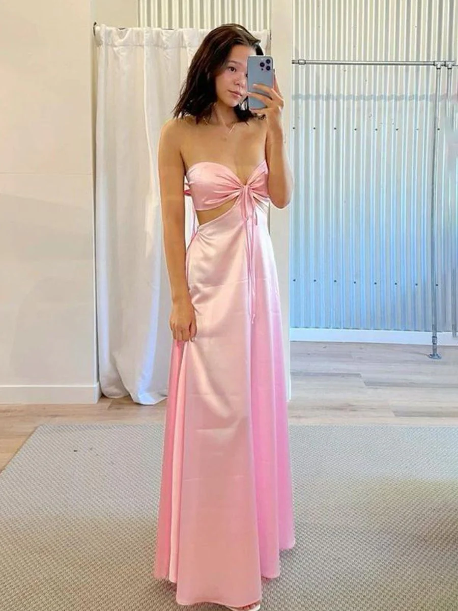 PInk Strapless Back Tie Satin A-line Prom Dress