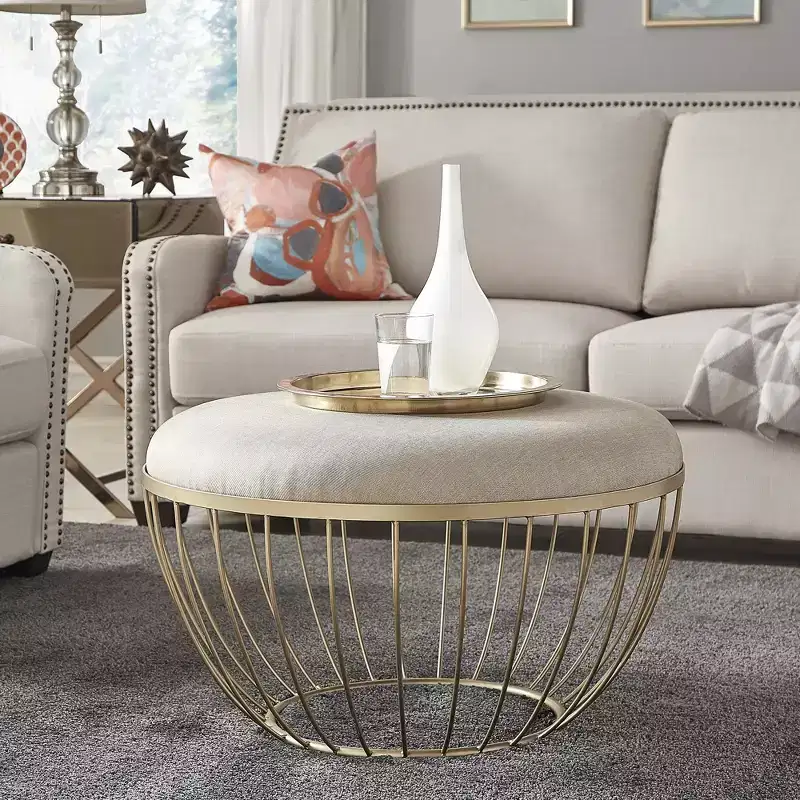 Gillian Fabric Upholstered Round Ottoman - Gold/Beige - iNSPIRE Q