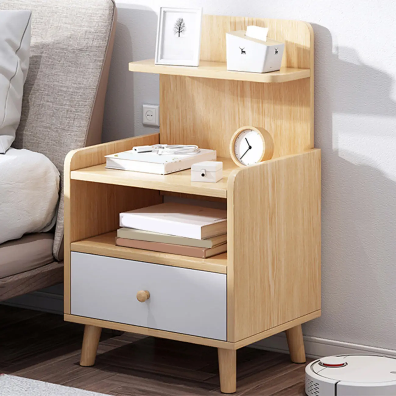 Modern Wood Nightstand with Open Storage Shelf
