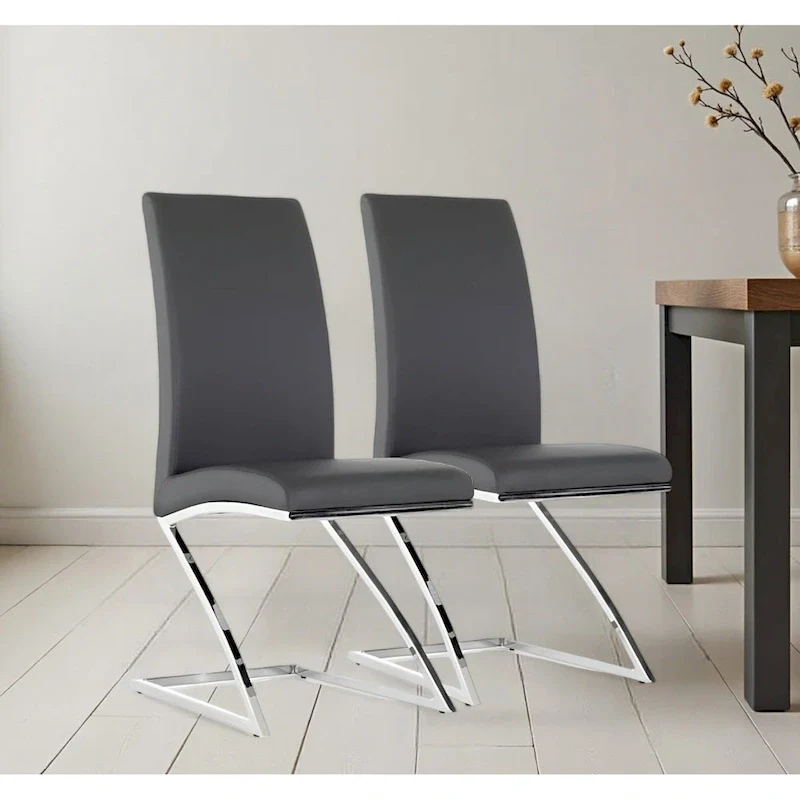 Set of Two Gray And Silver Upholstered Faux Leather Dining Side Chairs