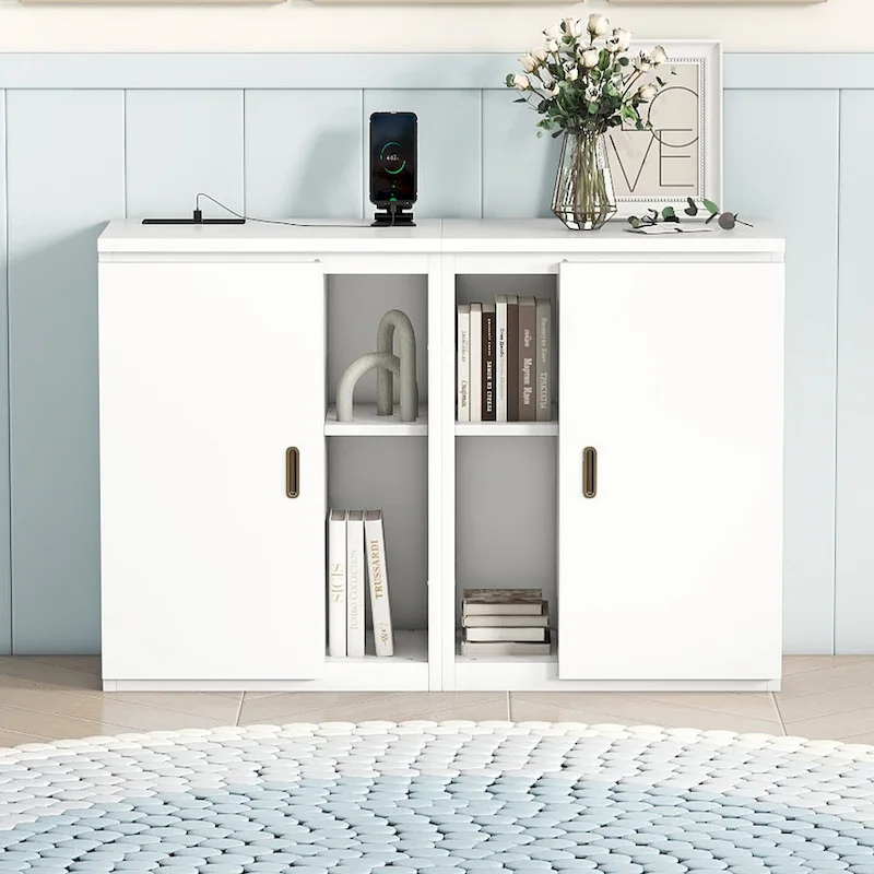 White Queen Size Murphy Bed with Shelves, Cabinets, USB Ports