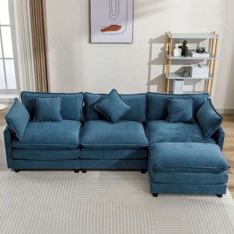 White / Grey / Blue L-Shape Chenille Sofa with Ottoman, Seats 4–5