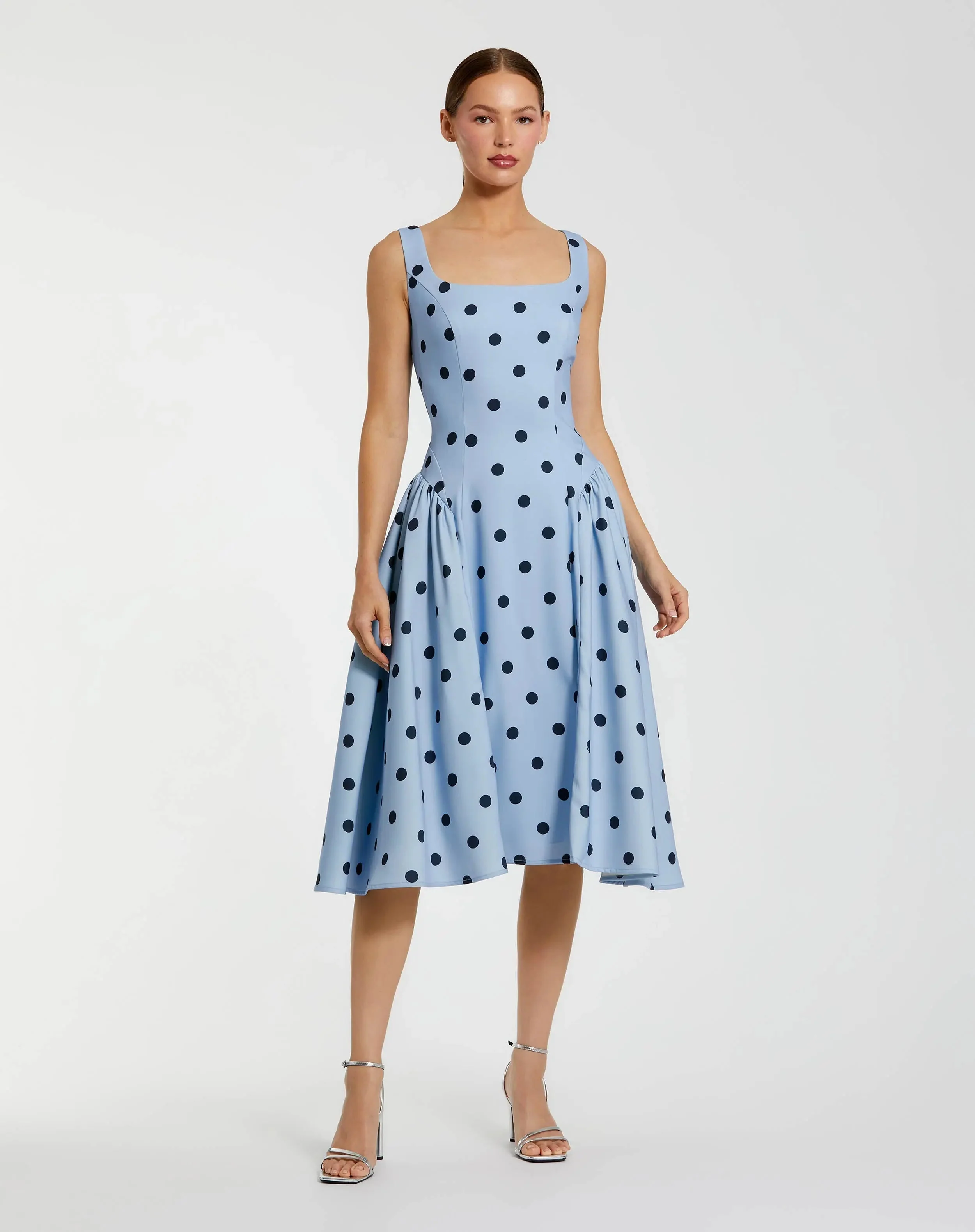 Blue Square Neck Crepe Polka Dot Fit and Flare Midi Dress