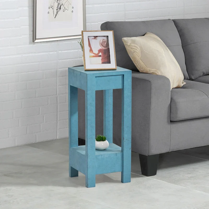 Blue-Green Painted Solid Wood End Table with Shelf