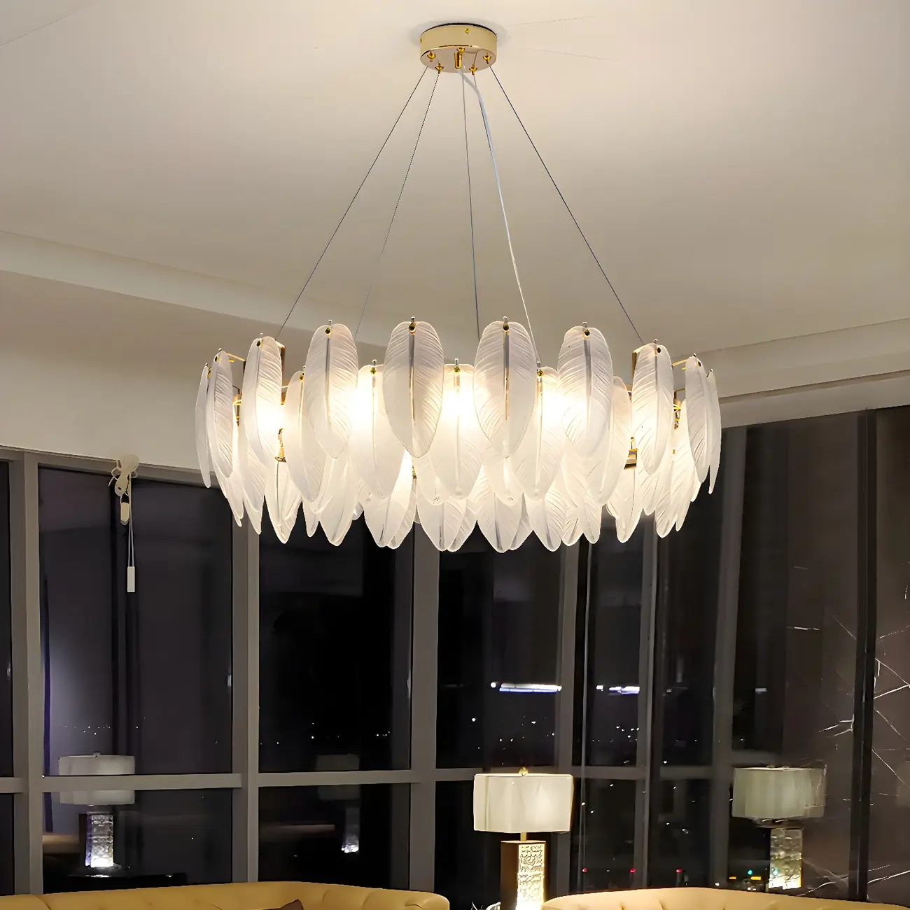 Elegant White Glass Feather Round Chandelier