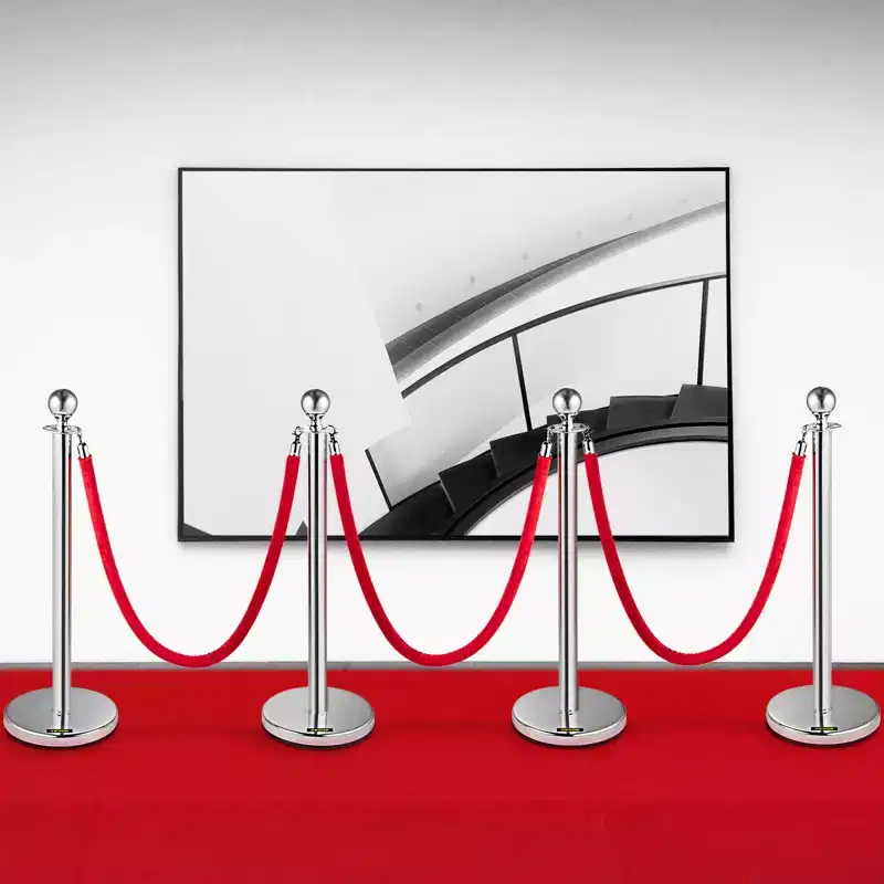 VEVOR Crowd Control Stanchion, Set of 4 Pieces Silver Stanchion Set, Stanchion Set with 5 ft/1.5 m Red Velvet Rope, Crowd Control Barrier, Silver