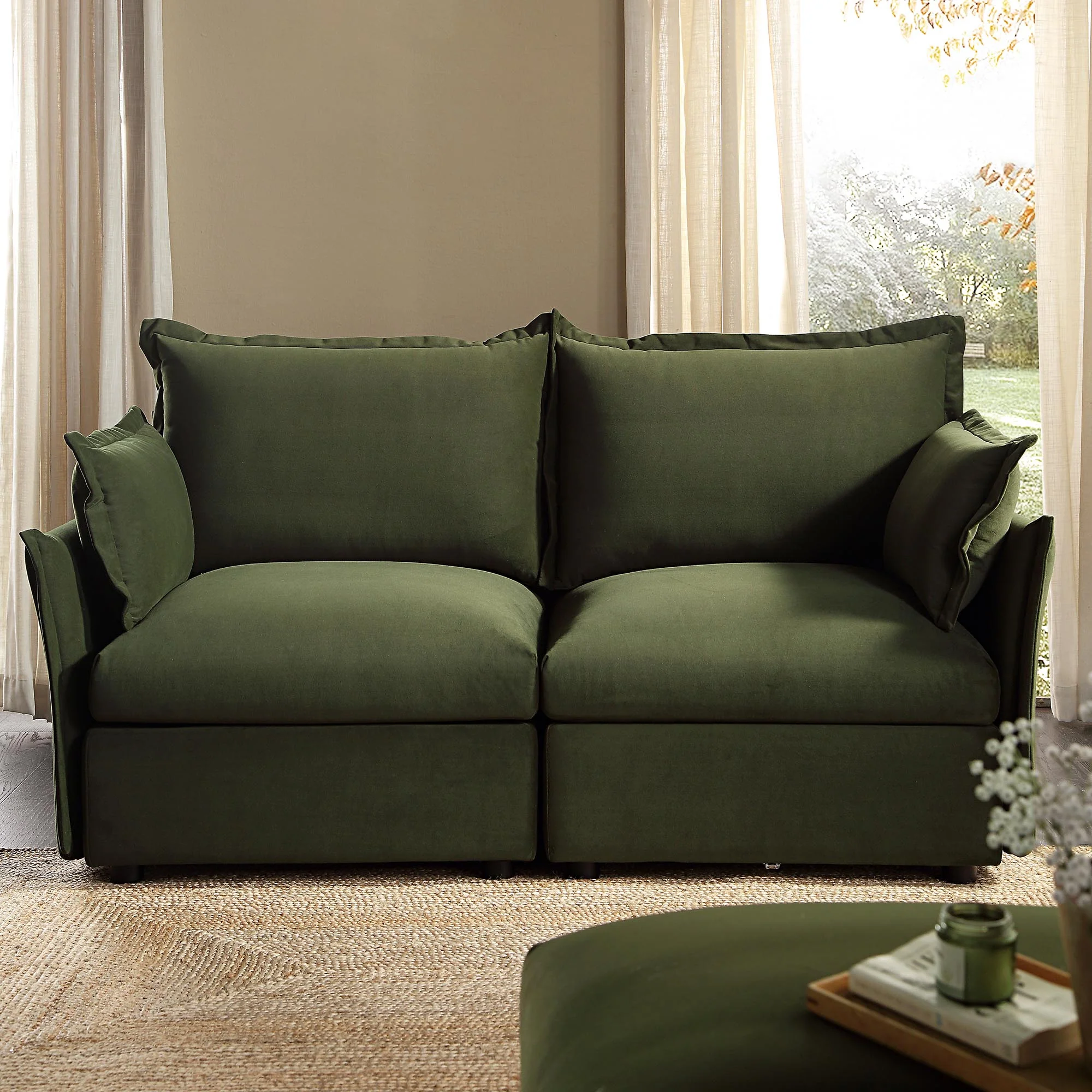 Pillow Edge Moss Green Velvet Sectional Sofa, 2-Seater