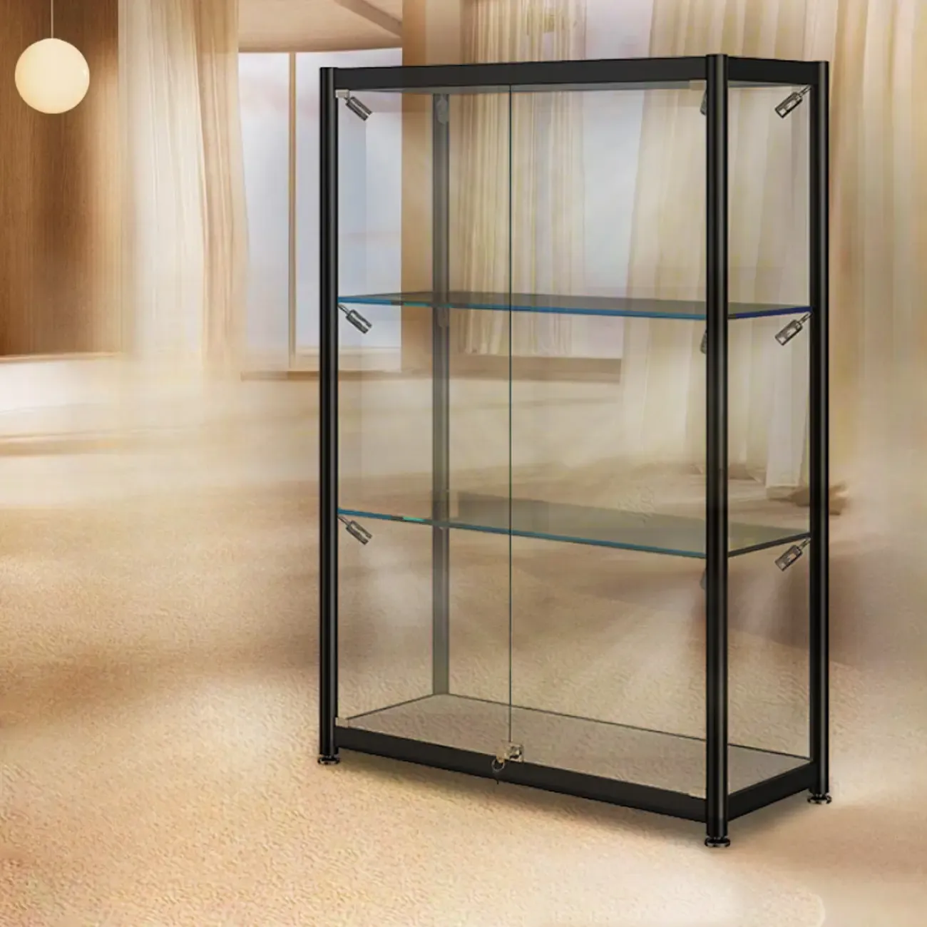 Modern Black Clear Glass LED Adjustable Display Cabinet