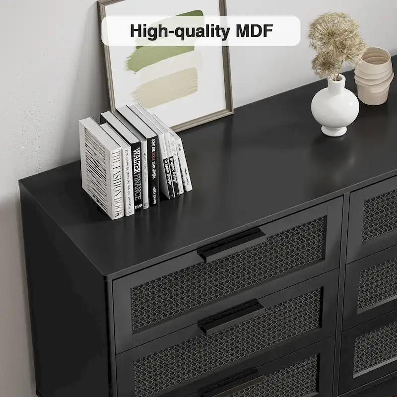 Anmytek Modern Black 6-Drawer Double Dresser for Bedroom Wood Rattan Chest of Drawers