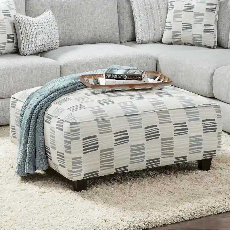 Grey Stripe Square Cocktail Ottoman with Wood Legs