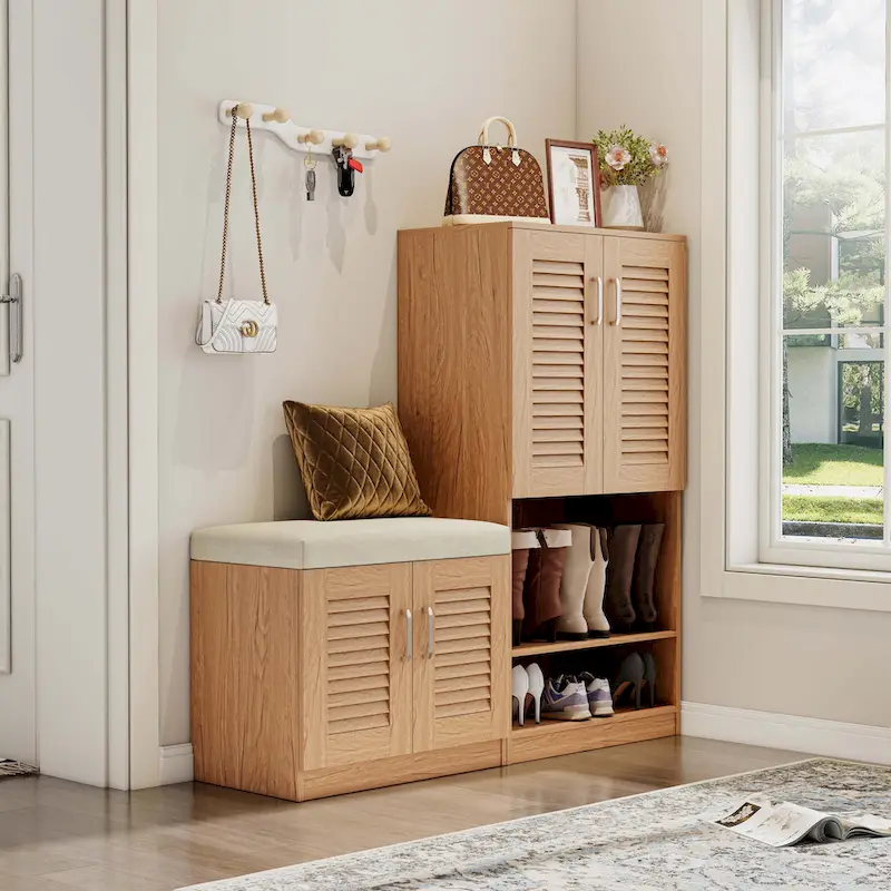 White/Oak Shoe Cabinet with Bench - 21-30 Pairs