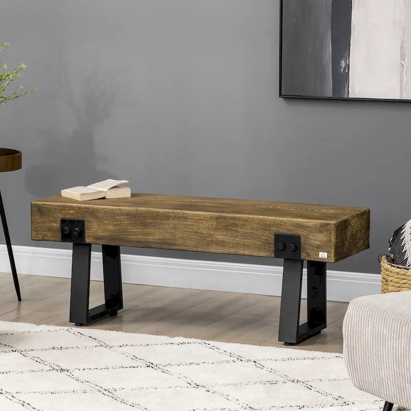 HOMCOM Garden Bench with Metal Legs, Rustic Wood Effect Concrete Dining Bench, Indoor or Outdoor Use, Natural and Black
