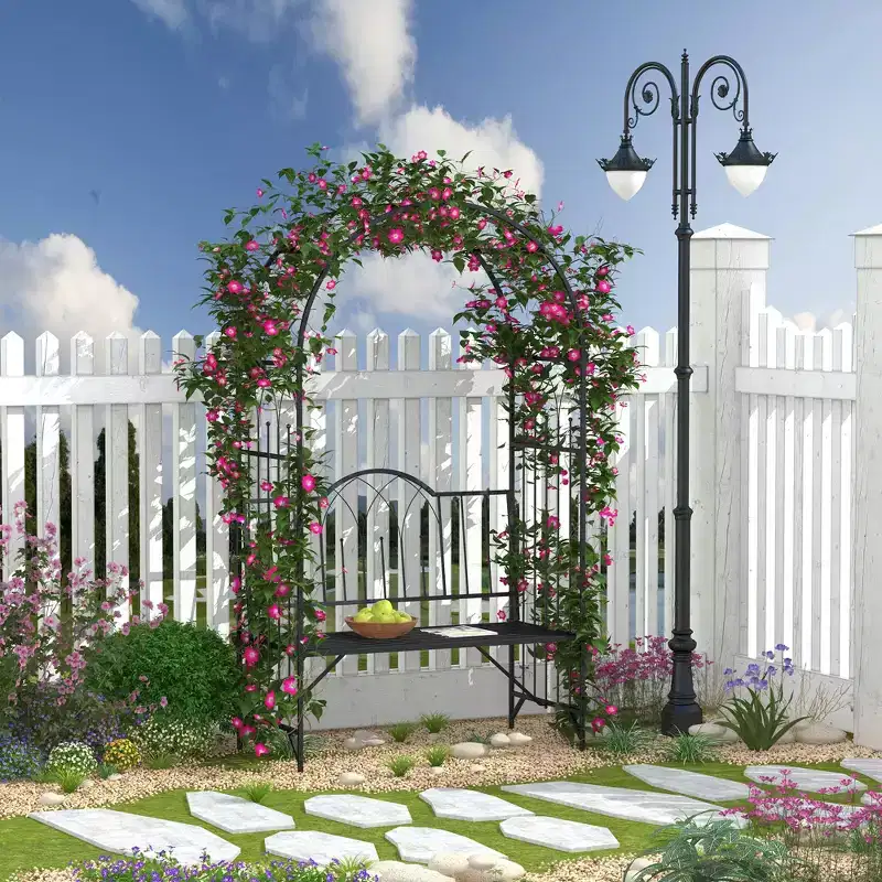 Metal Trellis Arbor Arch for Climbing Plants with Garden Bench,Grow Grapes & Vines,Patio Decor Outdoor Interlacing Decorative Seating with Tips,Black