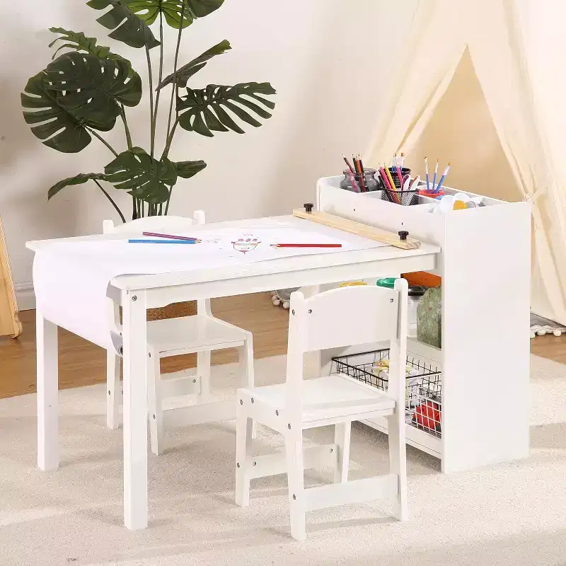 Kids Art Table with 2 Chairs, Toddler Craft Play Wood Activity Desk with Large Storage Shelves for Writing Drawing