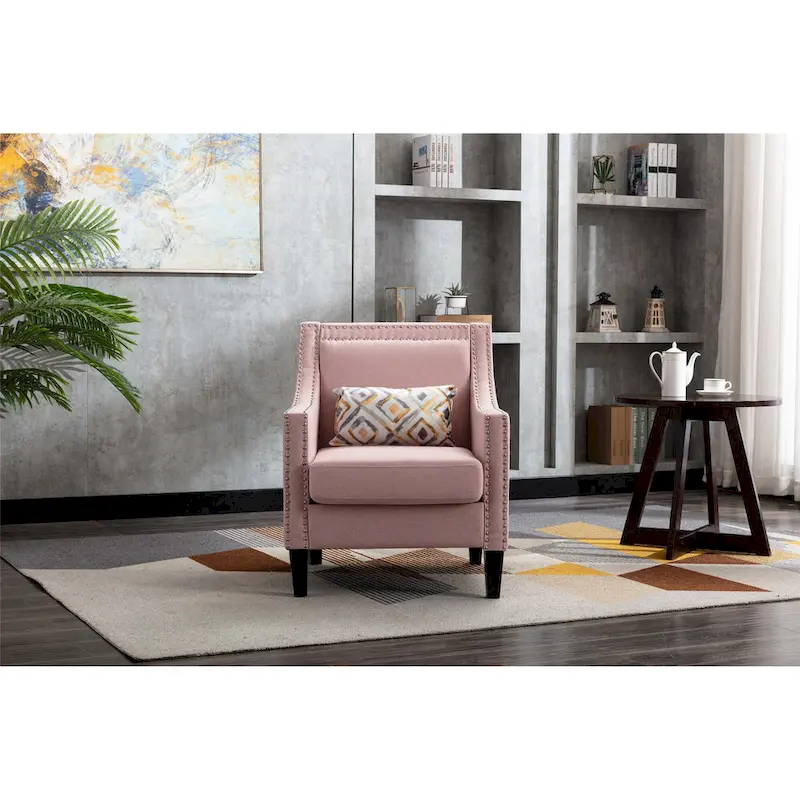 Linen Nailhead Accent Solid Wood Leg Living Room Armchair