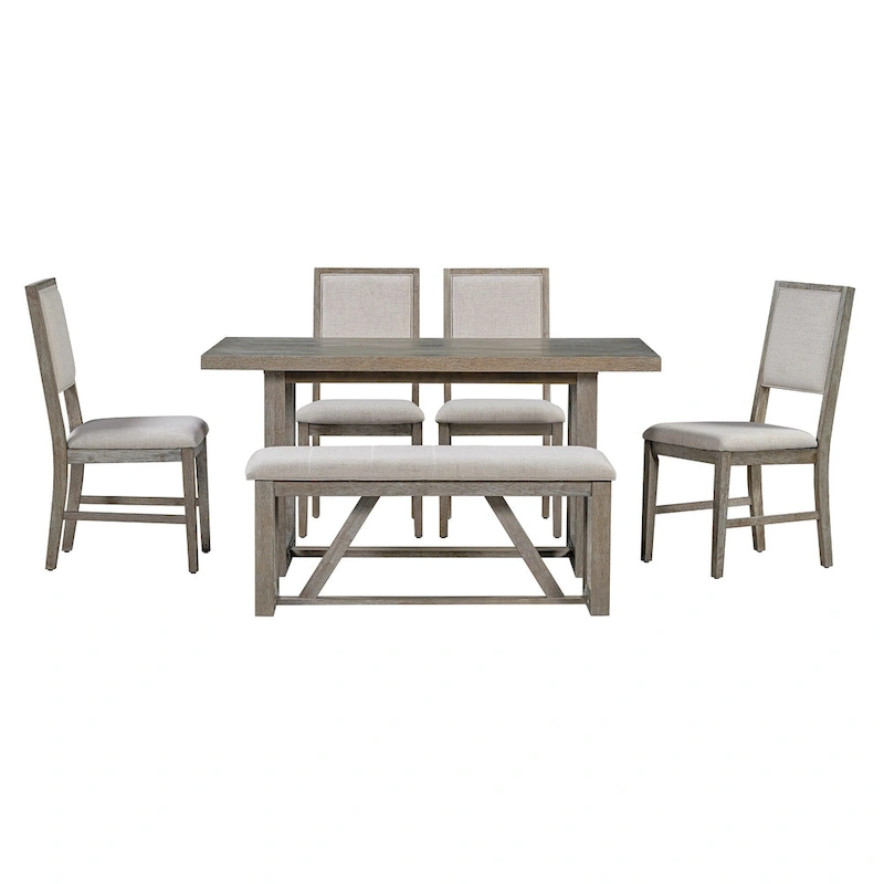 6 Piece Dining Table Chair Set, Wooden Kitchen Furniture Set with Acacia Wood Rectangular Table, 4 Chairs and 1 Bench