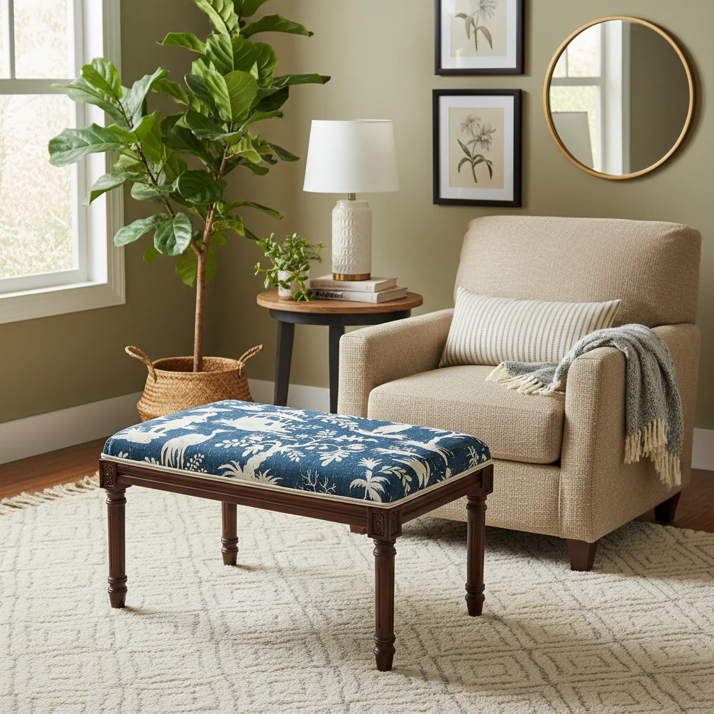 Blue Printed Linen Upholstered Bench with Wood Frame