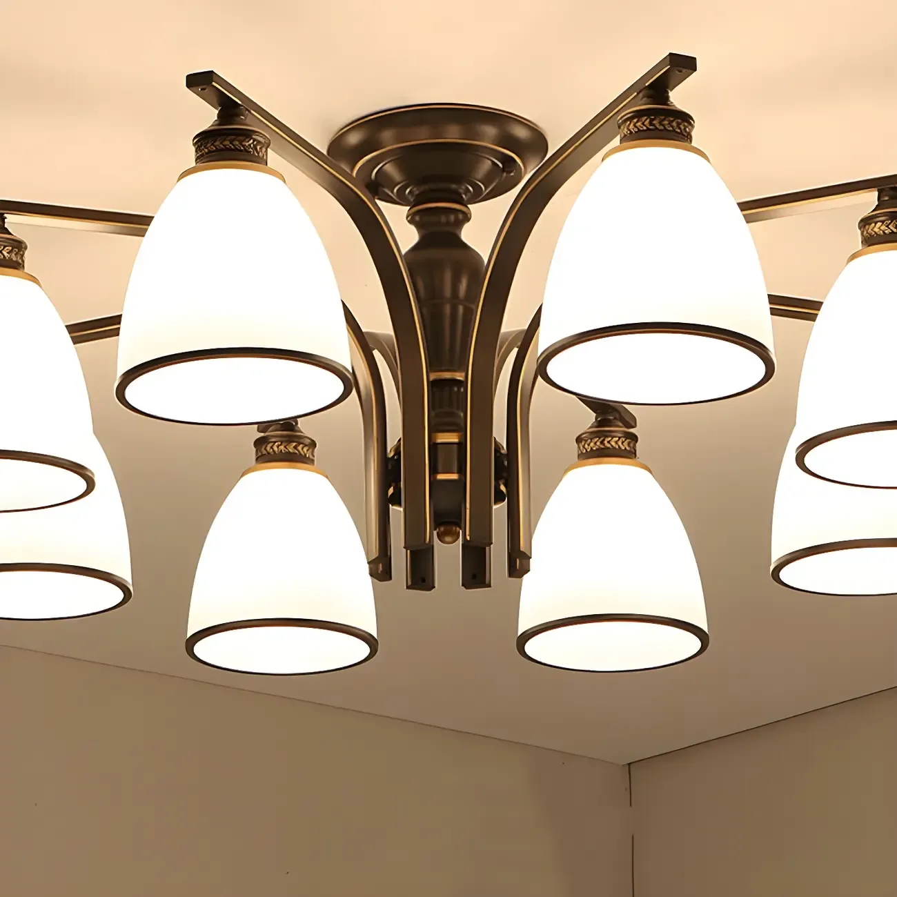 Traditional Black Down Bell Frosted Glass Semi Flush Mount Light