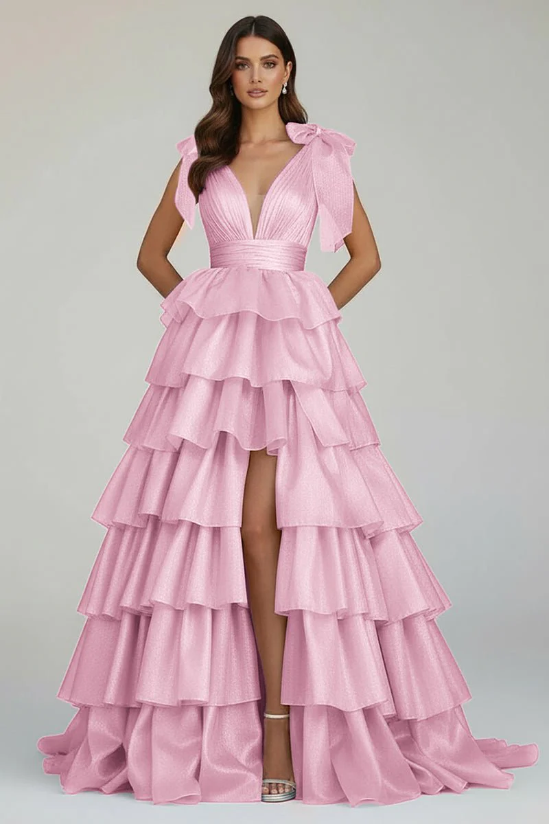 Glitter Tie Straps Pink Plunging Neck Tiered Long Prom Dress