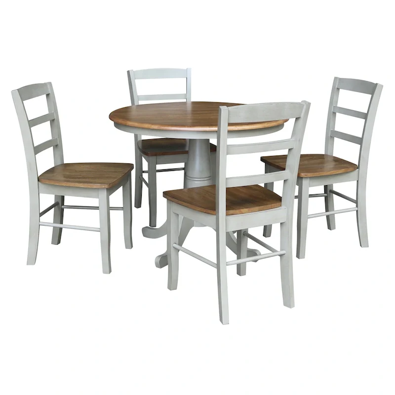 International Concepts Solid Wood 36 Round Pedestal Dining Table with 4 Madrid Ladderback Chairs